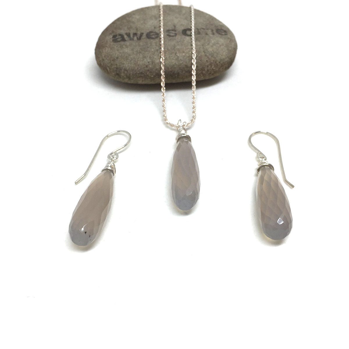 CHALCEDONY LONG DROP NECKLACE EARRINGS (SS/GF/RGF) - GOOD WILL TALISMAN