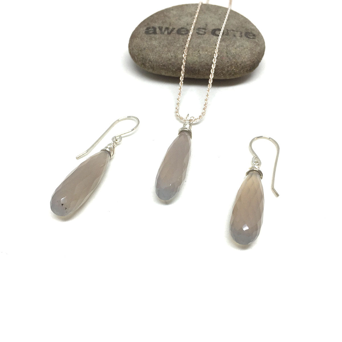 CHALCEDONY LONG DROP NECKLACE EARRINGS (SS/GF/RGF) - GOOD WILL TALISMAN