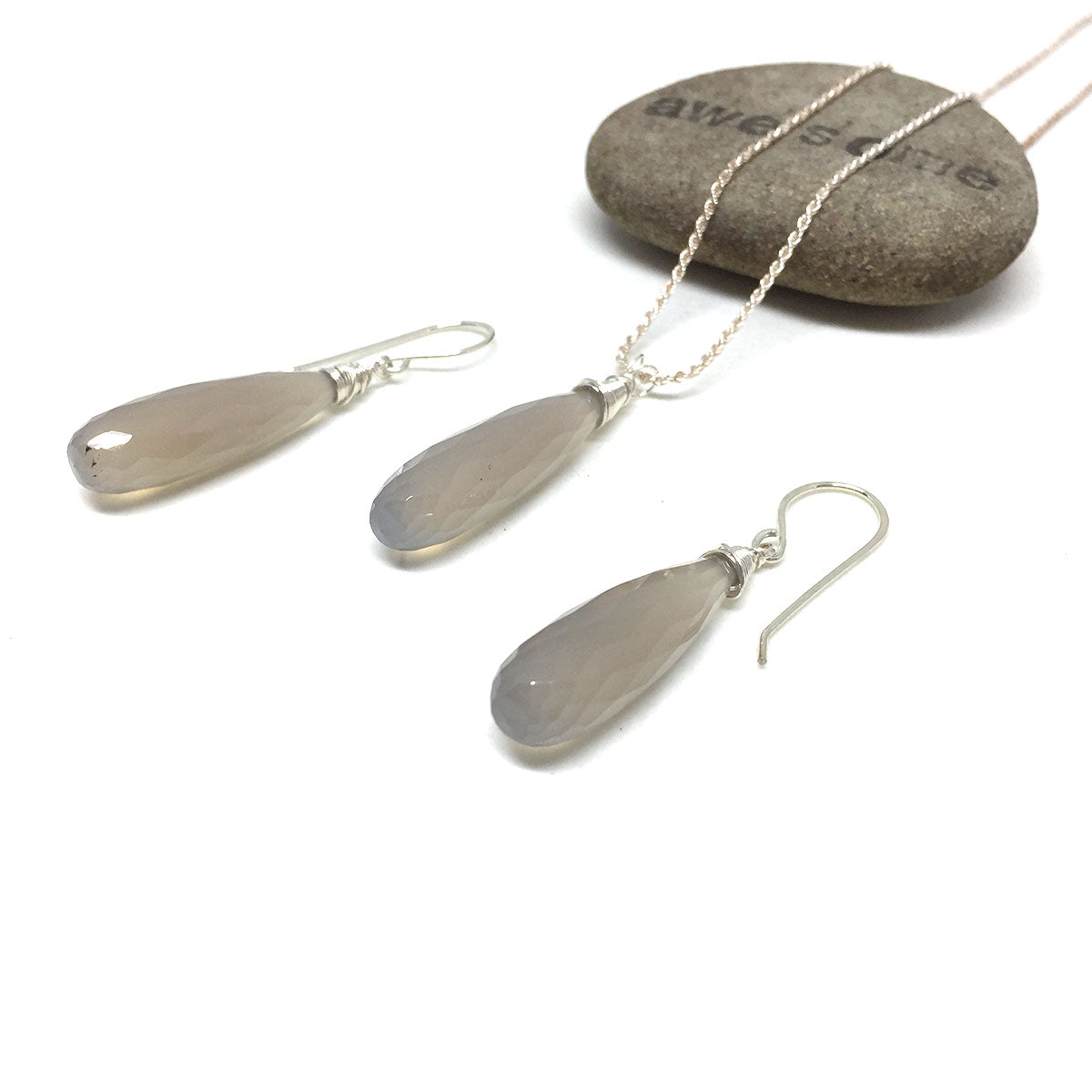CHALCEDONY LONG DROP NECKLACE EARRINGS (SS/GF/RGF) - GOOD WILL TALISMAN