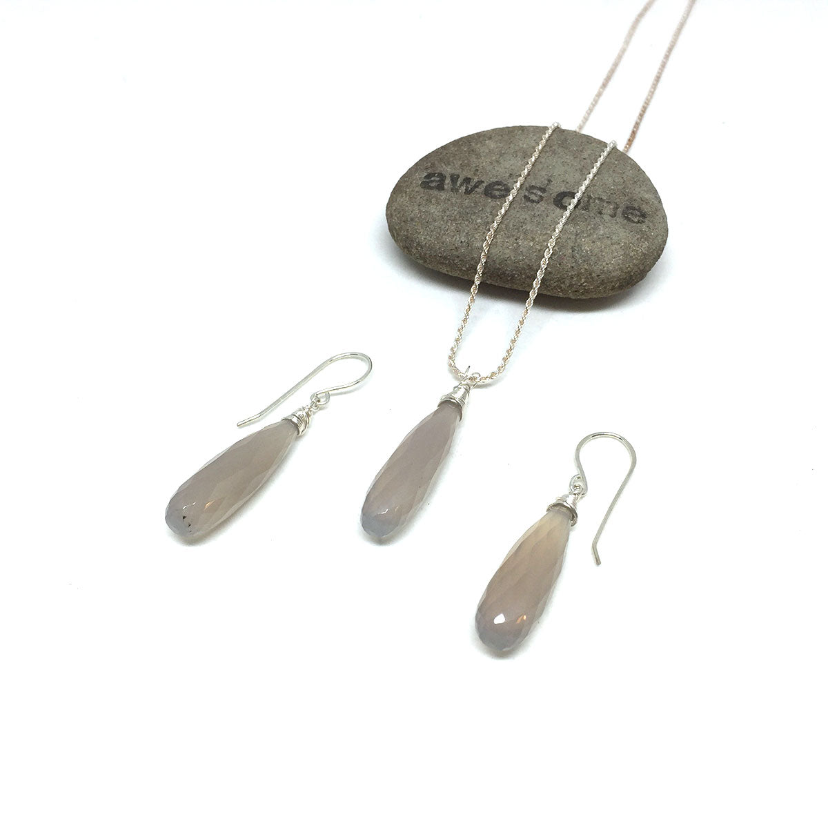 CHALCEDONY LONG DROP NECKLACE EARRINGS (SS/GF/RGF) - GOOD WILL TALISMAN