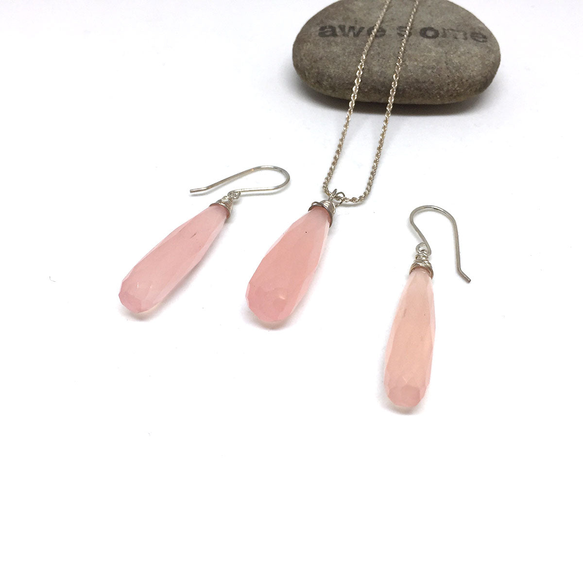 CHALCEDONY LONG DROP NECKLACE EARRINGS (SS/GF/RGF) - GOOD WILL TALISMAN