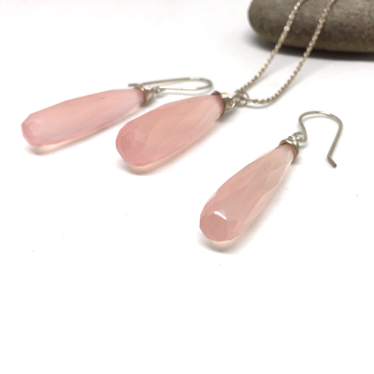 CHALCEDONY LONG DROP NECKLACE EARRINGS (SS/GF/RGF) - GOOD WILL TALISMAN