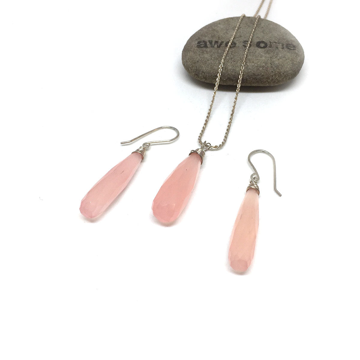 CHALCEDONY LONG DROP NECKLACE EARRINGS (SS/GF/RGF) - GOOD WILL TALISMAN