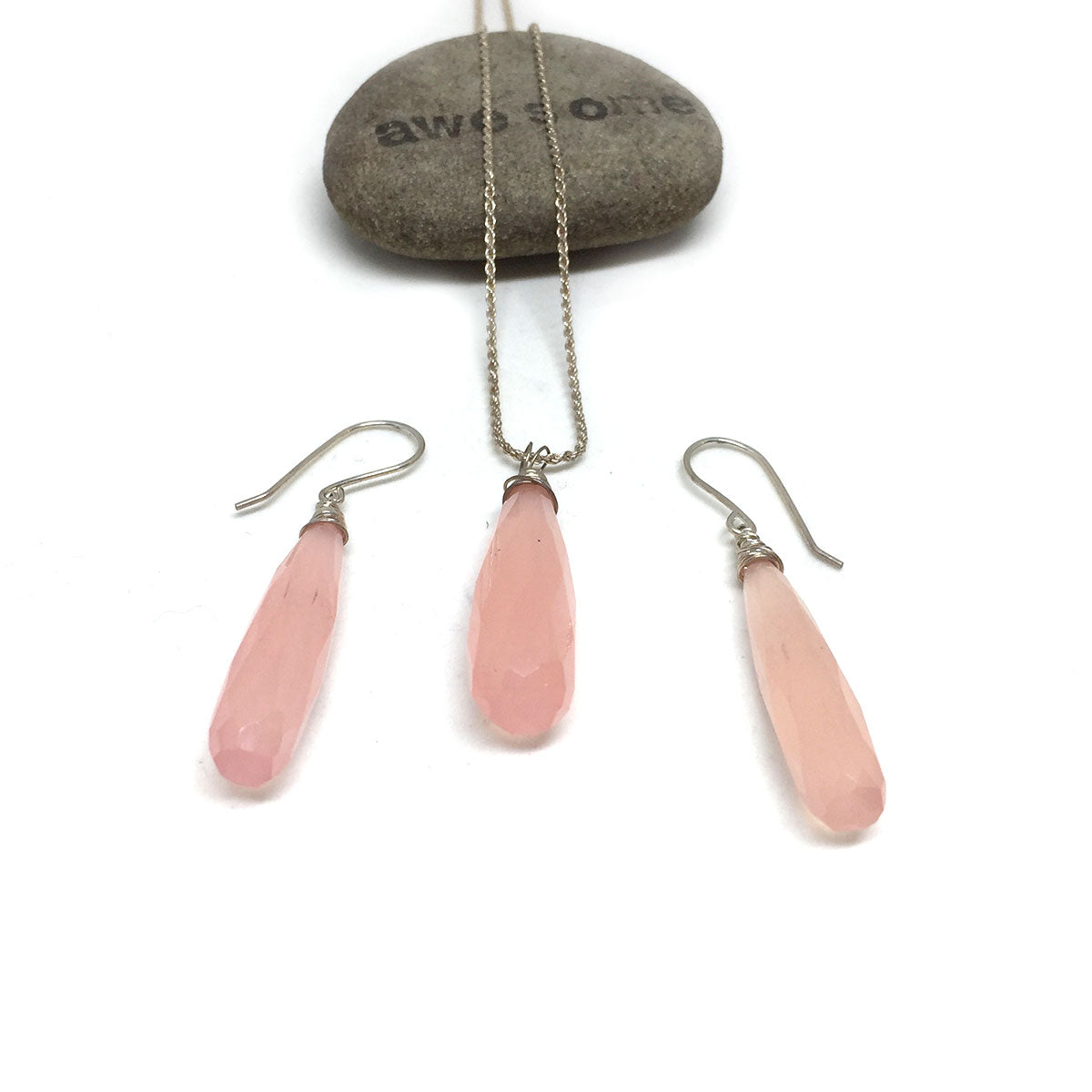 CHALCEDONY LONG DROP NECKLACE EARRINGS (SS/GF/RGF) - GOOD WILL TALISMAN