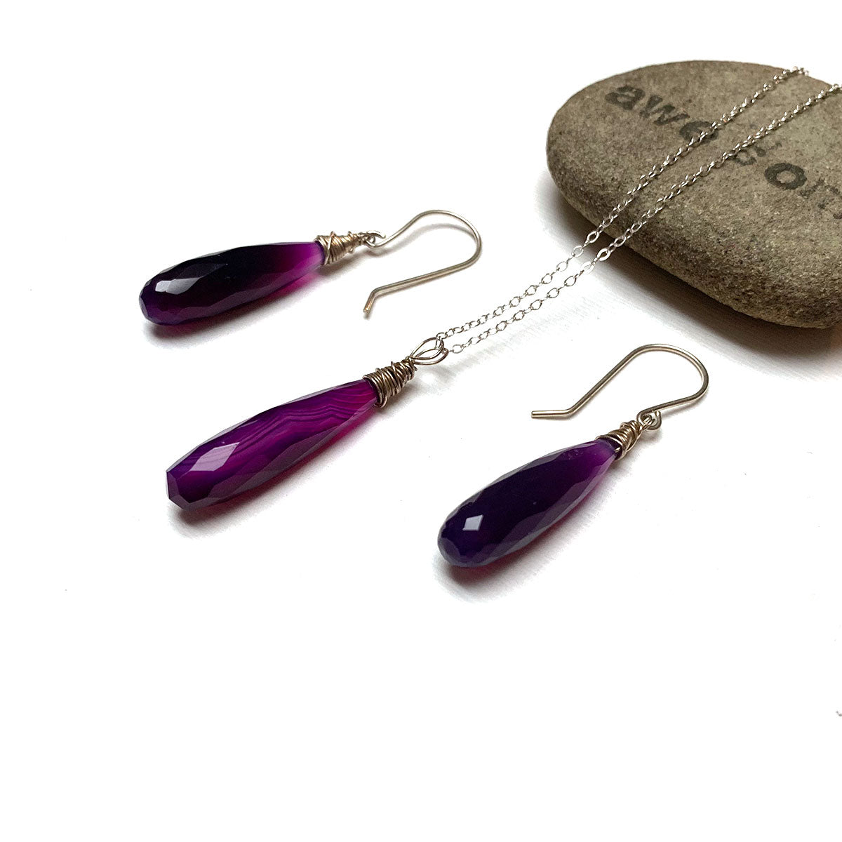 CHALCEDONY LONG DROP NECKLACE EARRINGS (SS/GF/RGF) - GOOD WILL TALISMAN
