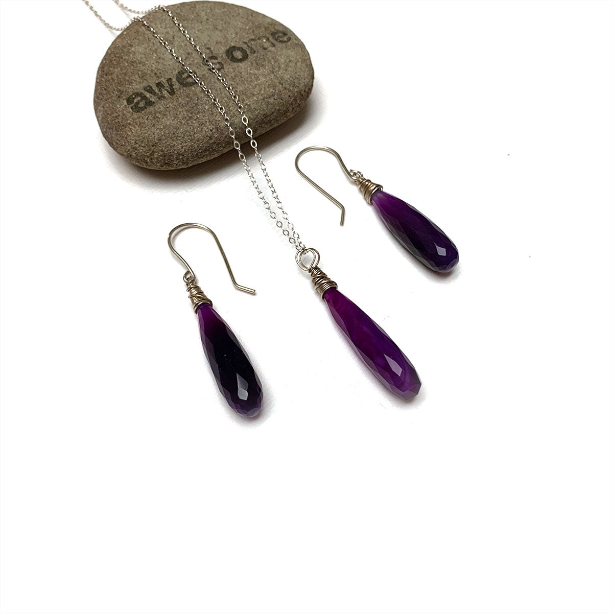CHALCEDONY LONG DROP NECKLACE EARRINGS (SS/GF/RGF) - GOOD WILL TALISMAN