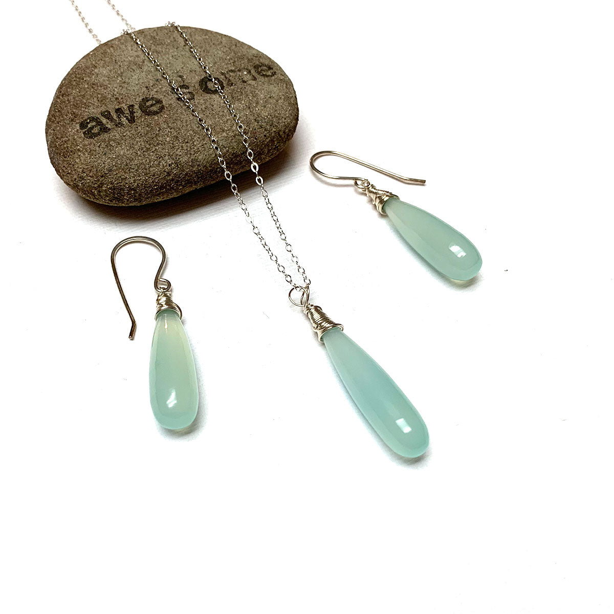 CHALCEDONY LONG DROP NECKLACE EARRINGS (SS/GF/RGF) - GOOD WILL TALISMAN