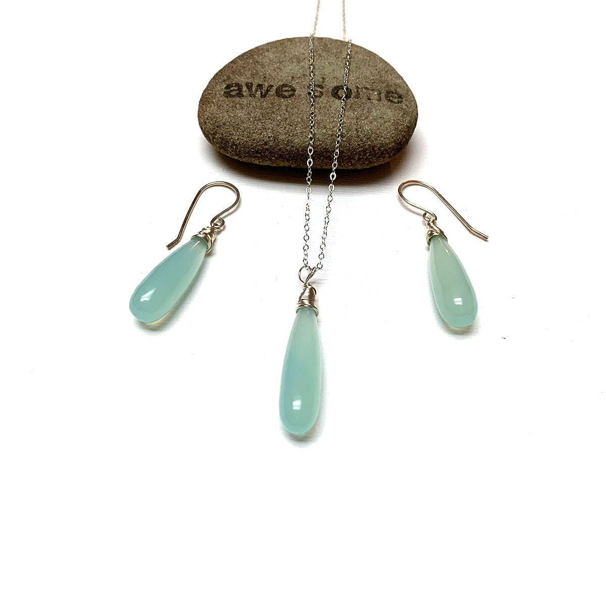CHALCEDONY LONG DROP NECKLACE EARRINGS (SS/GF/RGF) - GOOD WILL TALISMAN