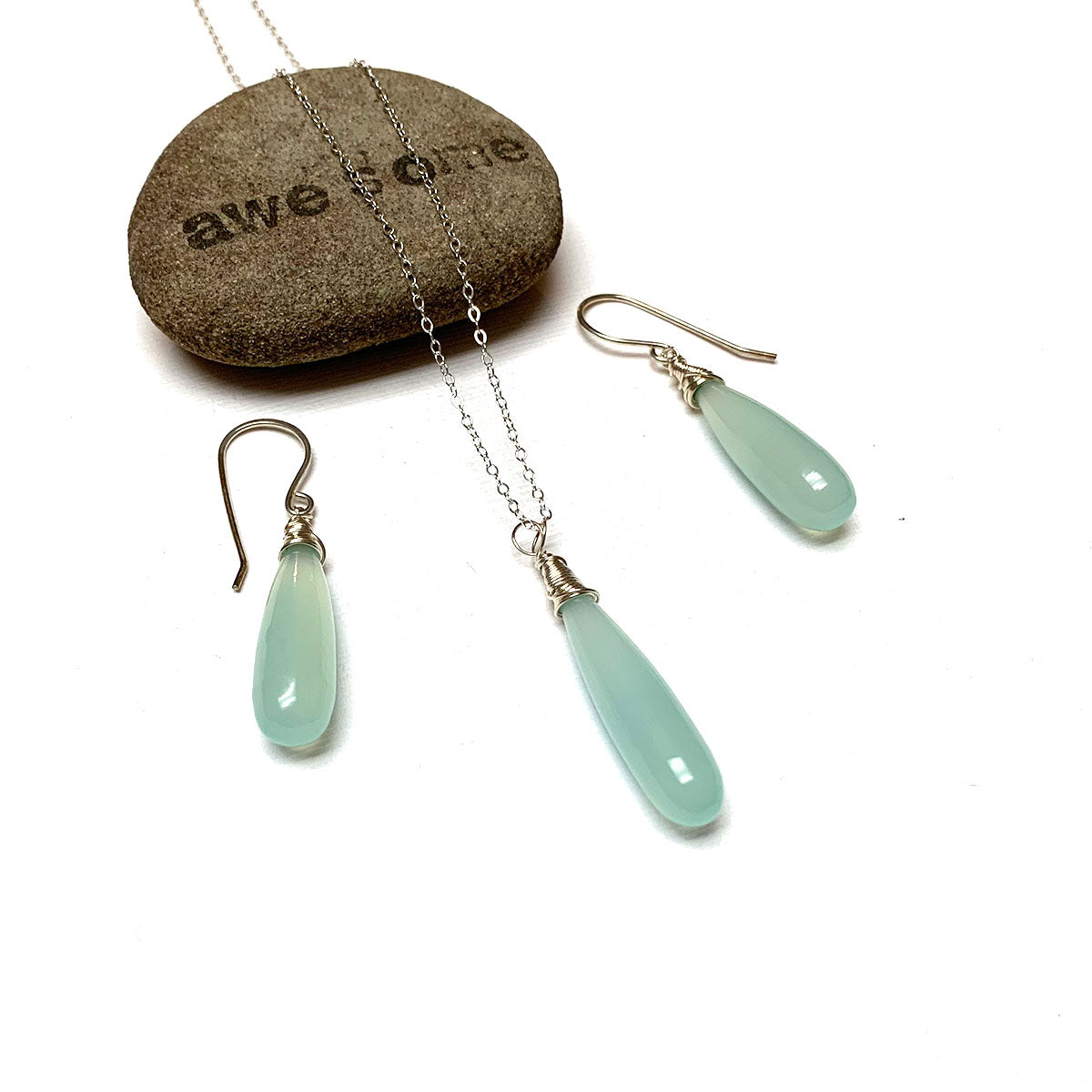 CHALCEDONY LONG DROP NECKLACE EARRINGS (SS/GF/RGF) - GOOD WILL TALISMAN