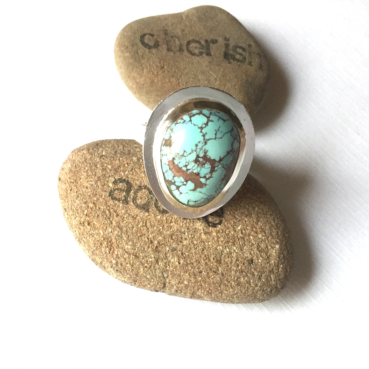 STERLING SILVER TURQUOISE HAMMERED BEZEL RING - I HEAL WITH LOVE TALISMAN