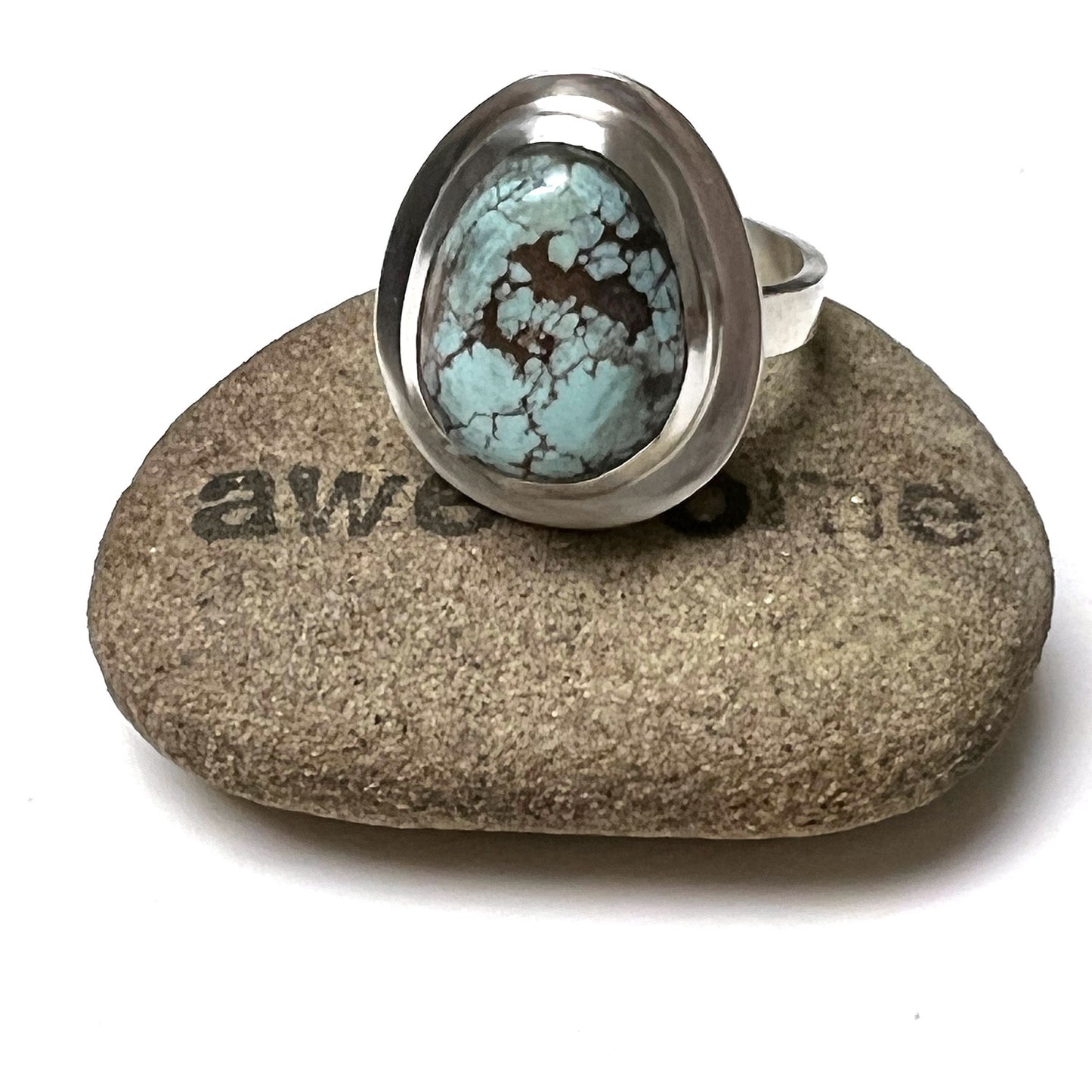 STERLING SILVER TURQUOISE HAMMERED BEZEL RING - I HEAL WITH LOVE TALISMAN