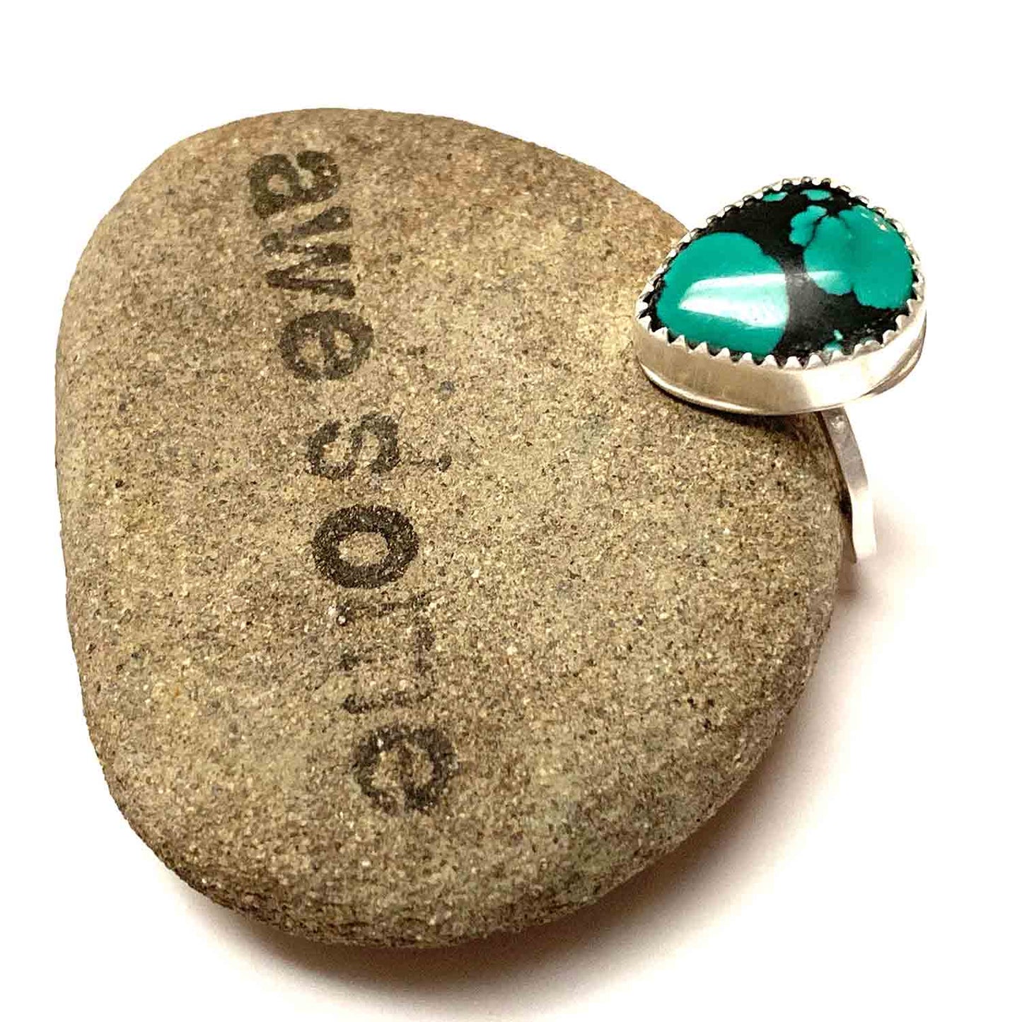 STERLING SILVER TURQUOISE TEARDROP BEZEL RING - I HEAL WITH LOVE TALISMAN