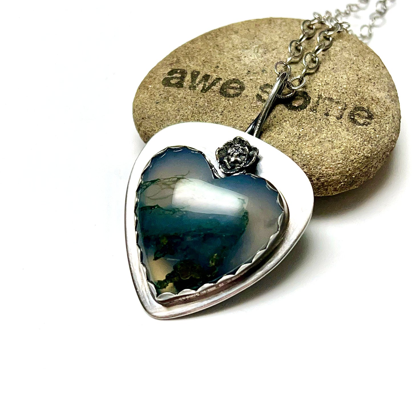 STERLING SILVER MOSS AGATE HEART NECKLACE - PROTECTIVE EMBRACE TALISMAN