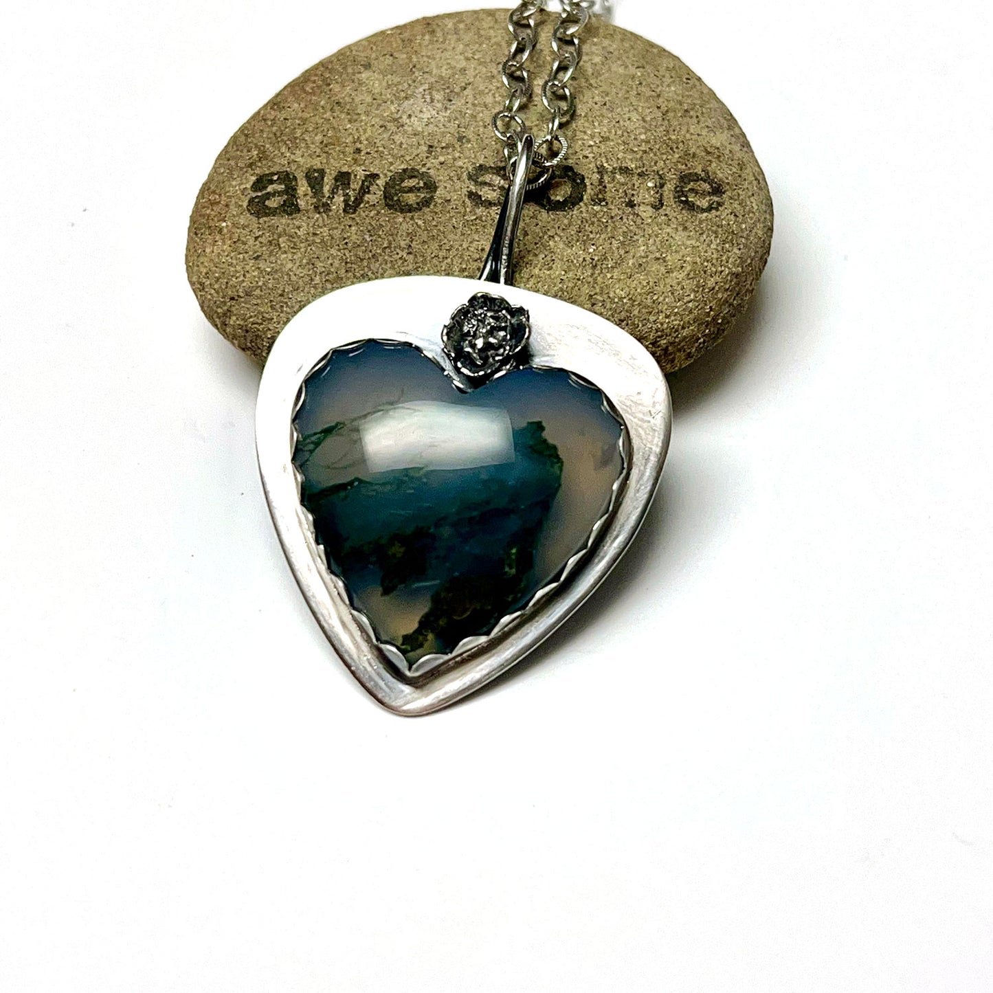 STERLING SILVER MOSS AGATE HEART NECKLACE - PROTECTIVE EMBRACE TALISMAN