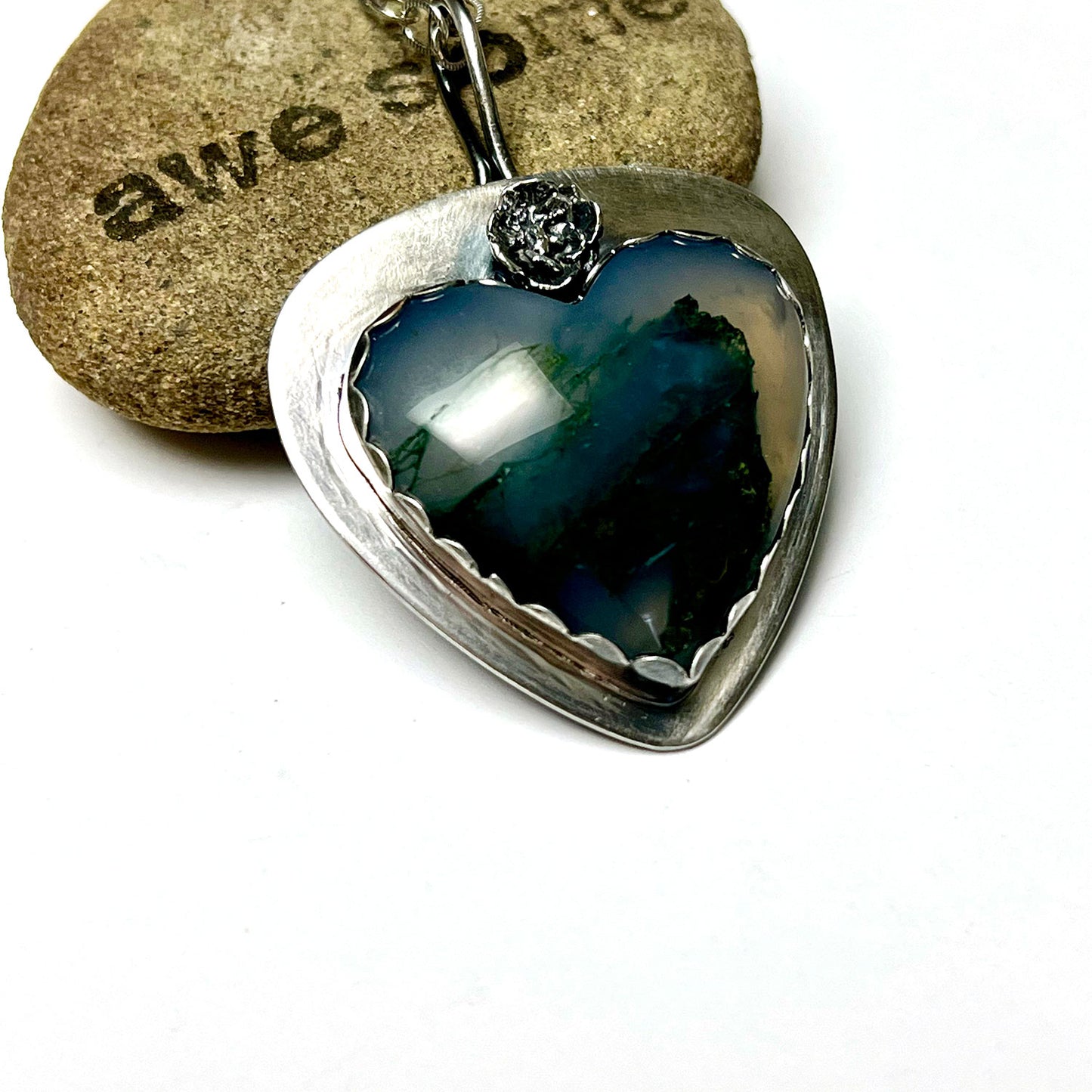 STERLING SILVER MOSS AGATE HEART NECKLACE - PROTECTIVE EMBRACE TALISMAN
