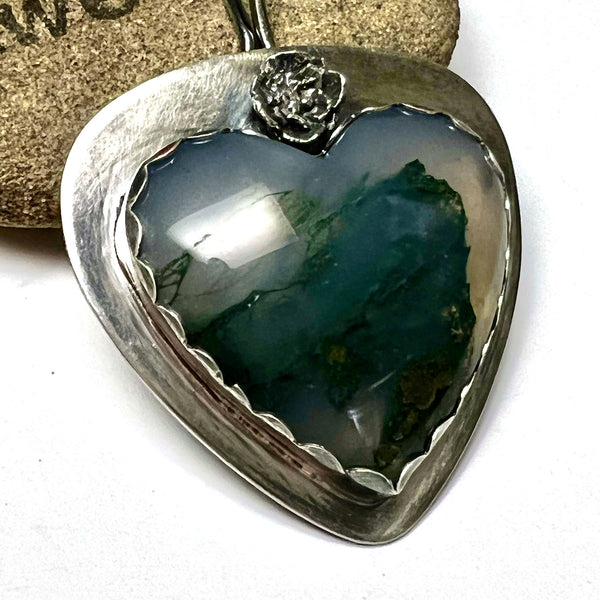 STERLING SILVER MOSS AGATE HEART NECKLACE - PROTECTIVE EMBRACE TALISMAN