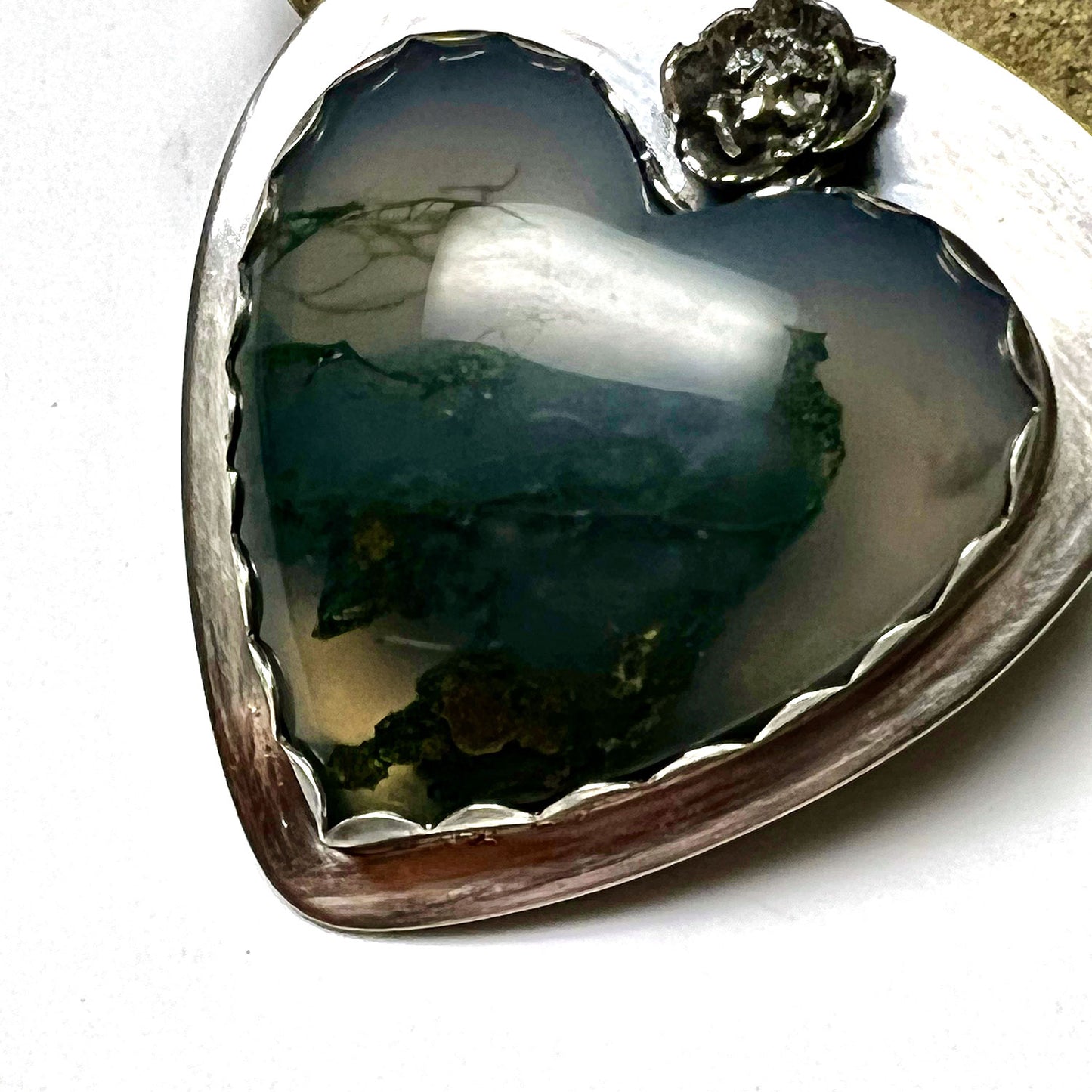 STERLING SILVER MOSS AGATE HEART NECKLACE - PROTECTIVE EMBRACE TALISMAN