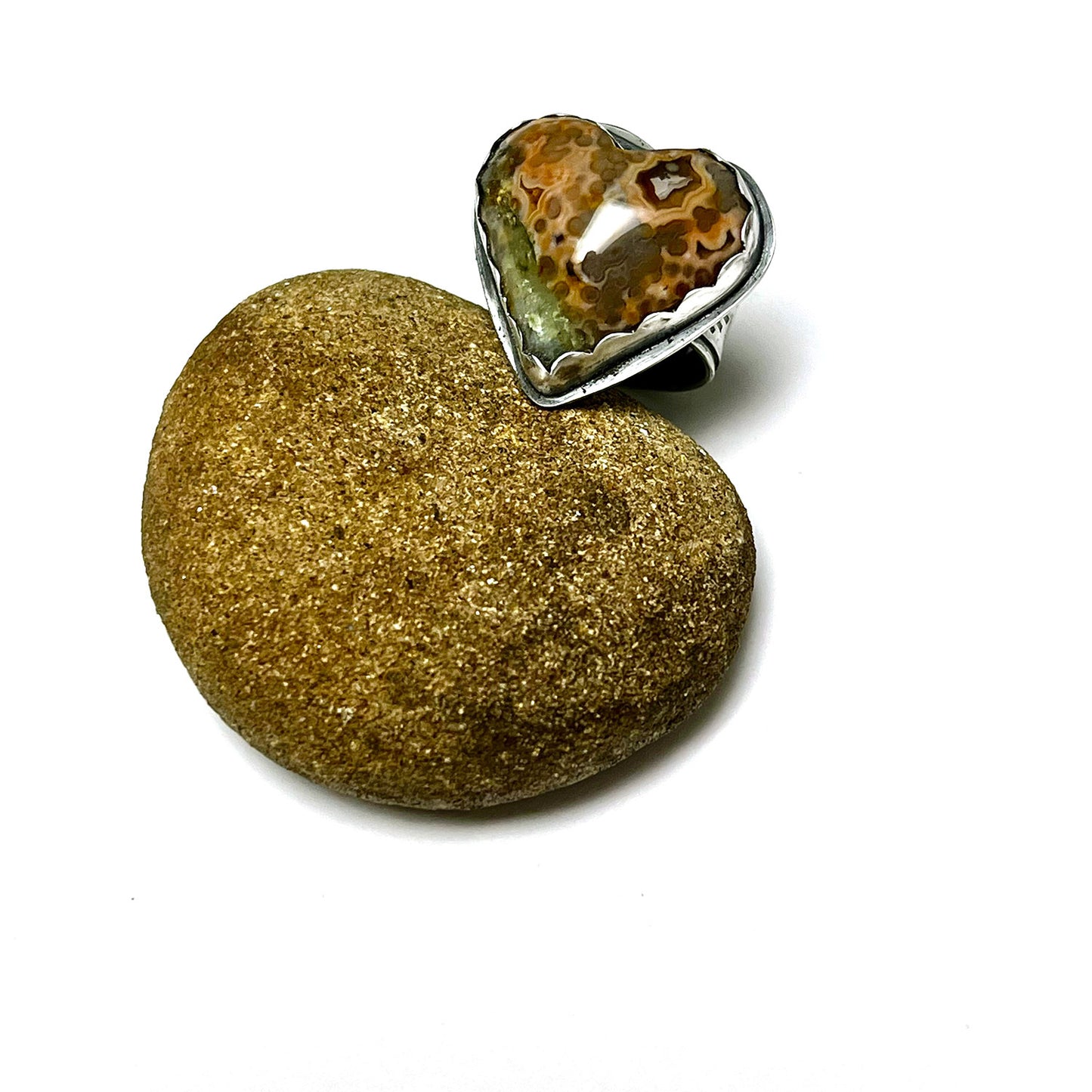 STERLING SILVER OCEAN JASPER HEART RING - ELEVATION OF SPIRIT TALISMAN
