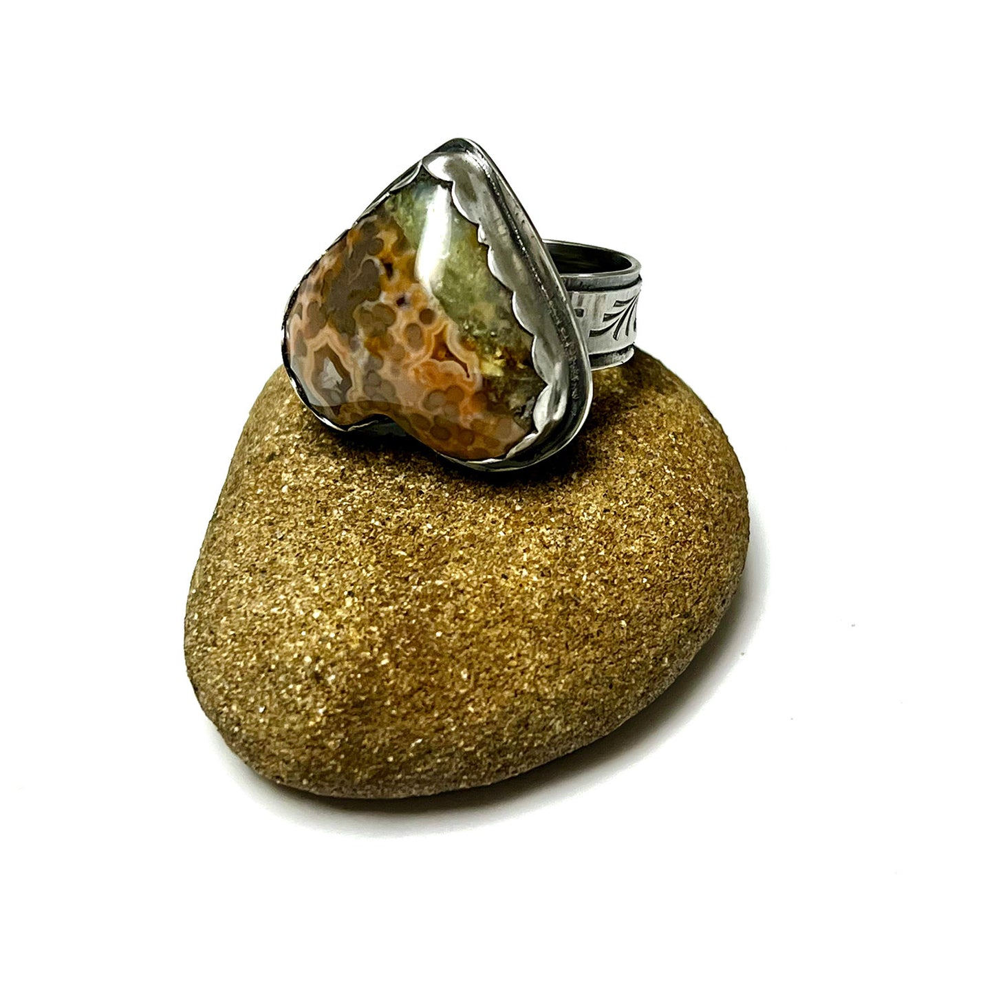 STERLING SILVER OCEAN JASPER HEART RING - ELEVATION OF SPIRIT TALISMAN