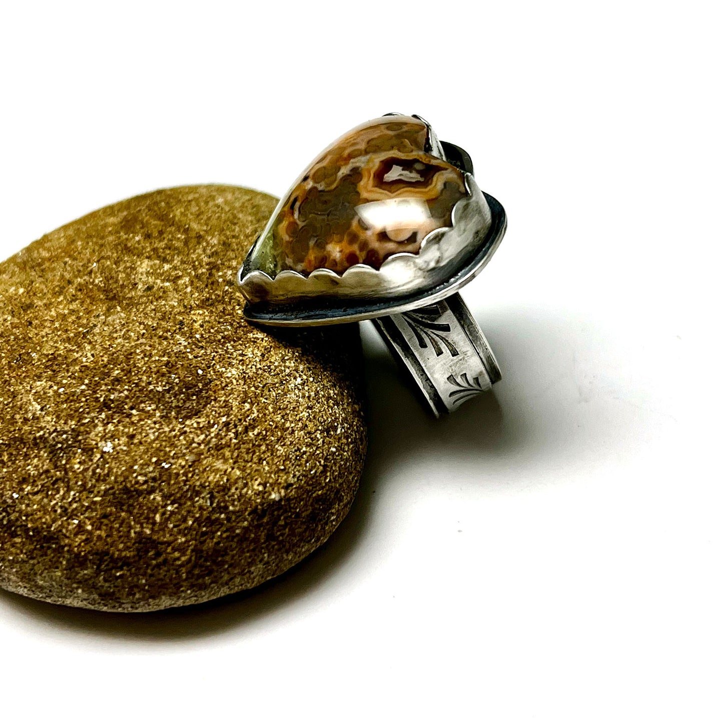 STERLING SILVER OCEAN JASPER HEART RING - ELEVATION OF SPIRIT TALISMAN