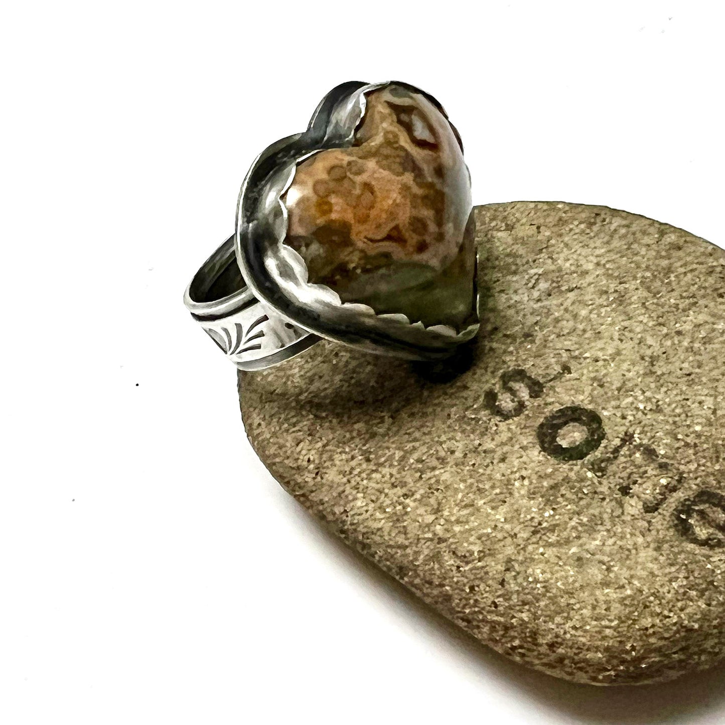 STERLING SILVER OCEAN JASPER HEART RING - ELEVATION OF SPIRIT TALISMAN