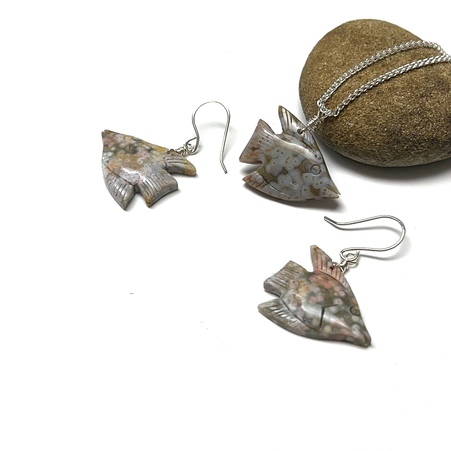 STERLING SILVER OCEAN JASPER ANGEL FISH JEWELRY SET - ELEVATION OF SPIRIT TALISMAN