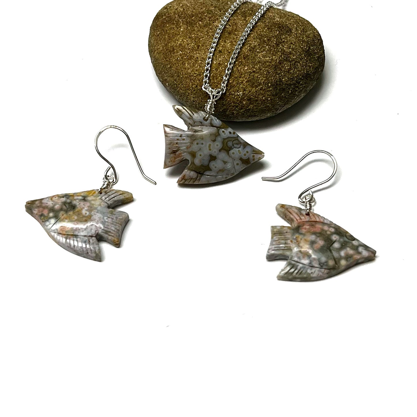STERLING SILVER OCEAN JASPER ANGEL FISH JEWELRY SET - GIVE ME A LIFT TALISMAN