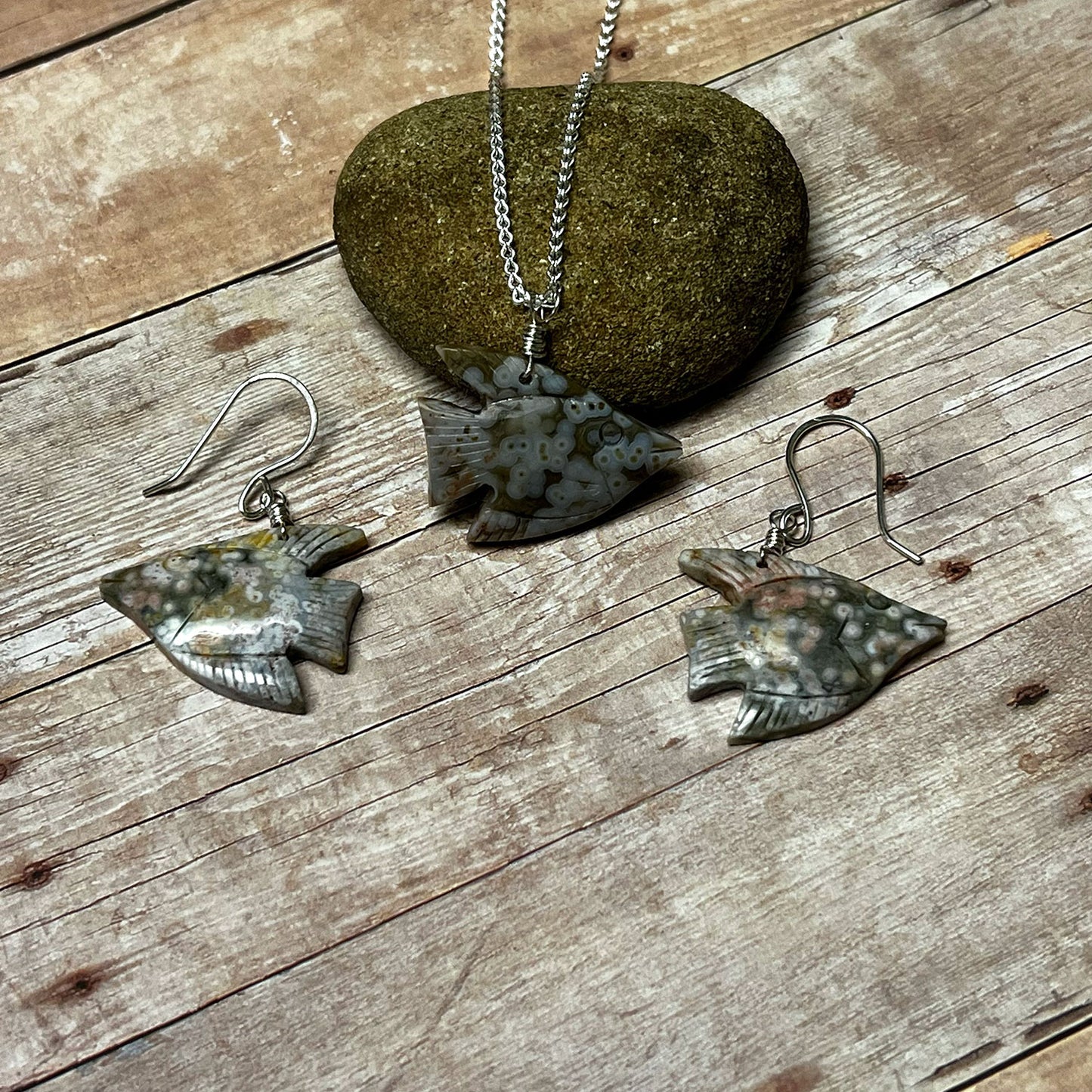 STERLING SILVER OCEAN JASPER ANGEL FISH JEWELRY SET - GIVE ME A LIFT TALISMAN