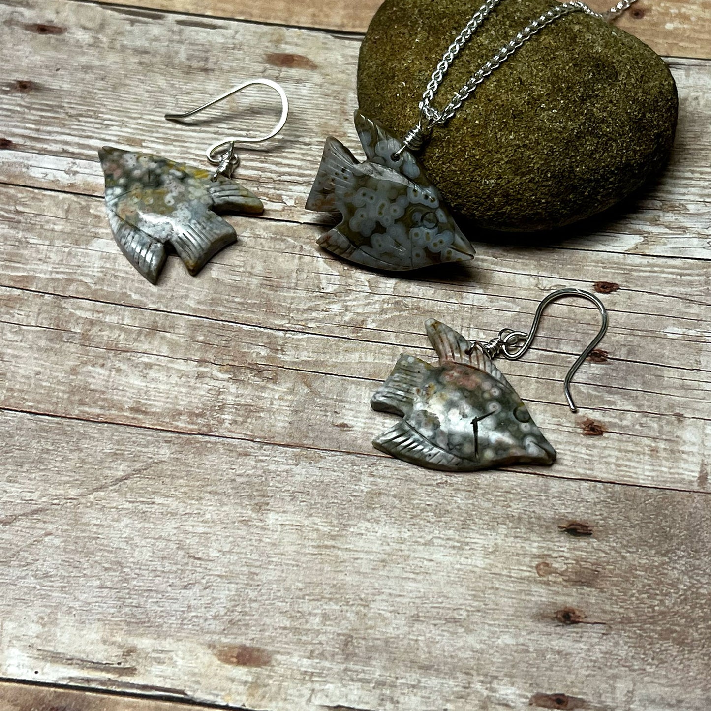 STERLING SILVER OCEAN JASPER ANGEL FISH JEWELRY SET - GIVE ME A LIFT TALISMAN