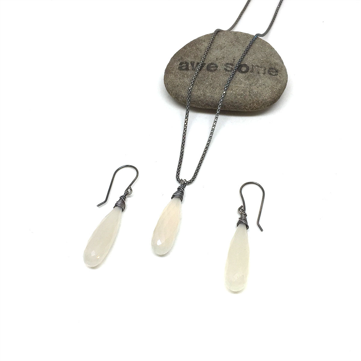 CHALCEDONY LONG DROP NECKLACE EARRINGS (SS/GF/RGF) - GOOD WILL TALISMAN