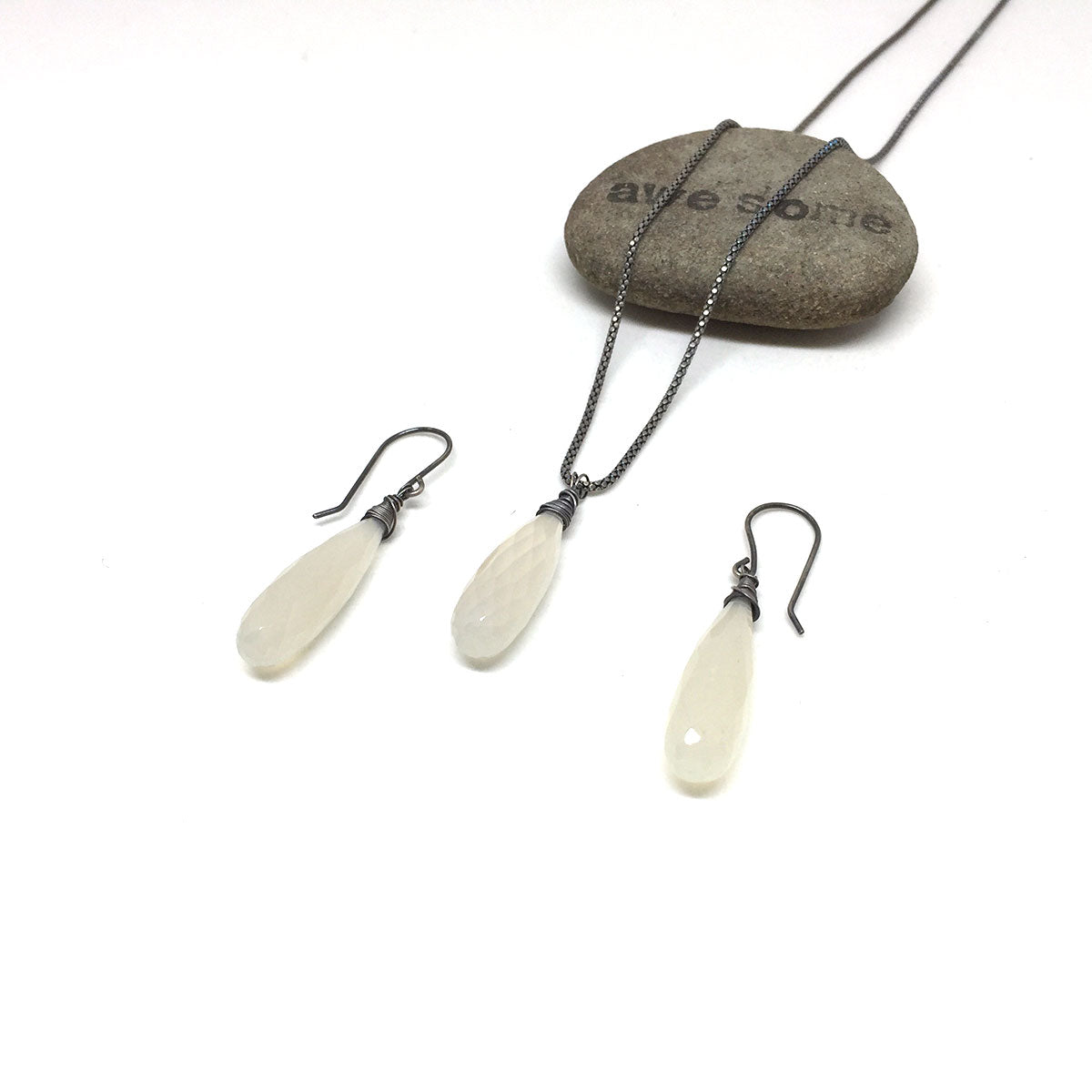 CHALCEDONY LONG DROP NECKLACE EARRINGS (SS/GF/RGF) - GOOD WILL TALISMAN