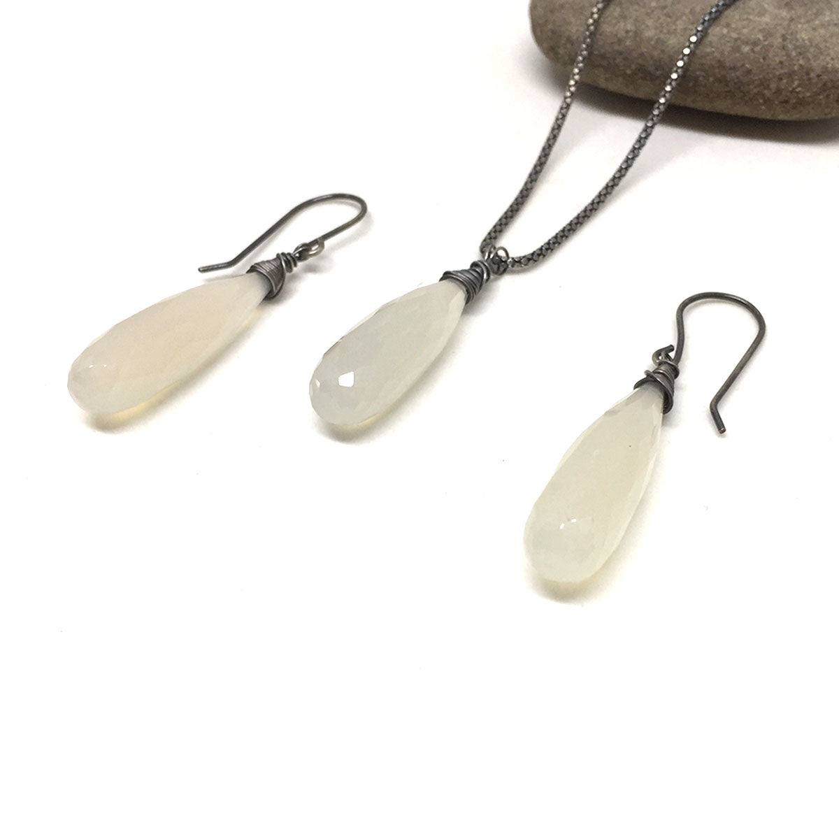 CHALCEDONY LONG DROP NECKLACE EARRINGS (SS/GF/RGF) - GOOD WILL TALISMAN