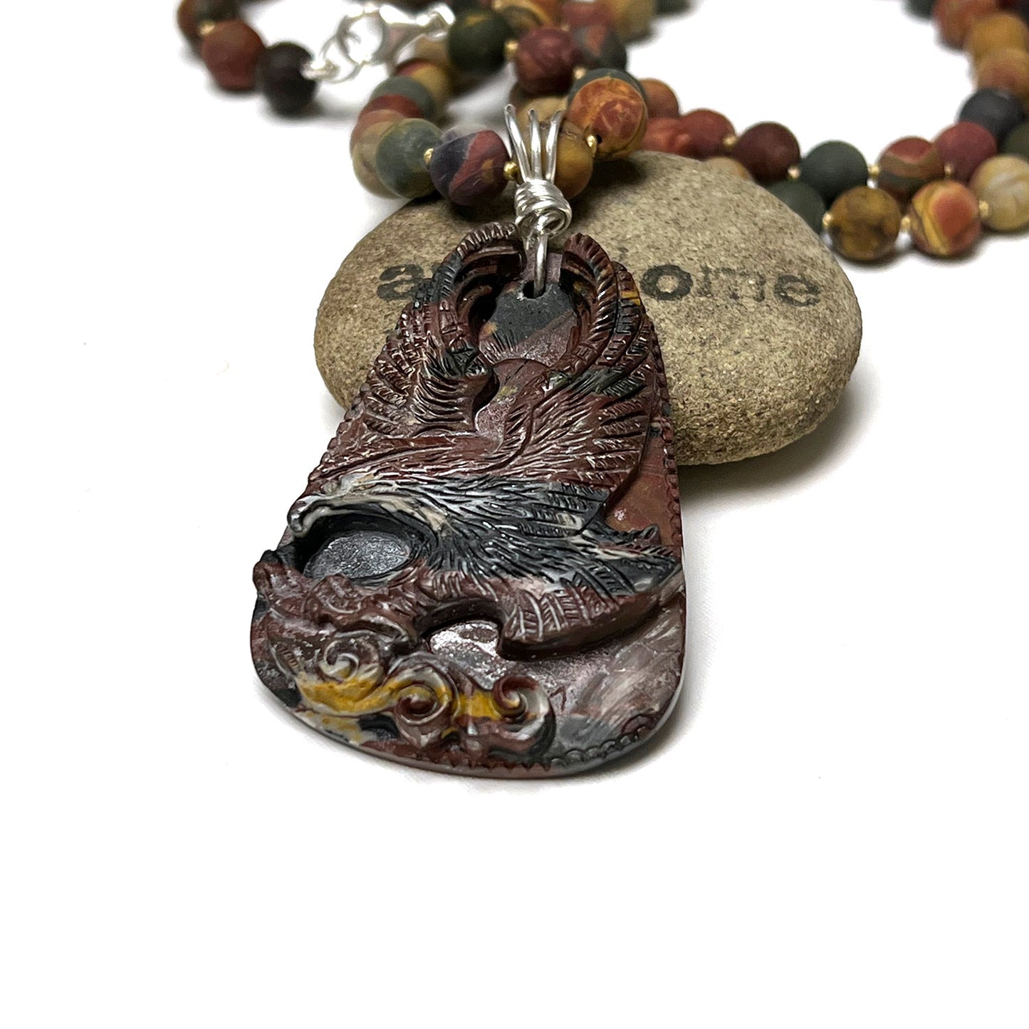 STERLING SILVER CARVED PICASSO JASPER EAGLE NECKLACE - VISIONARY TALISMAN