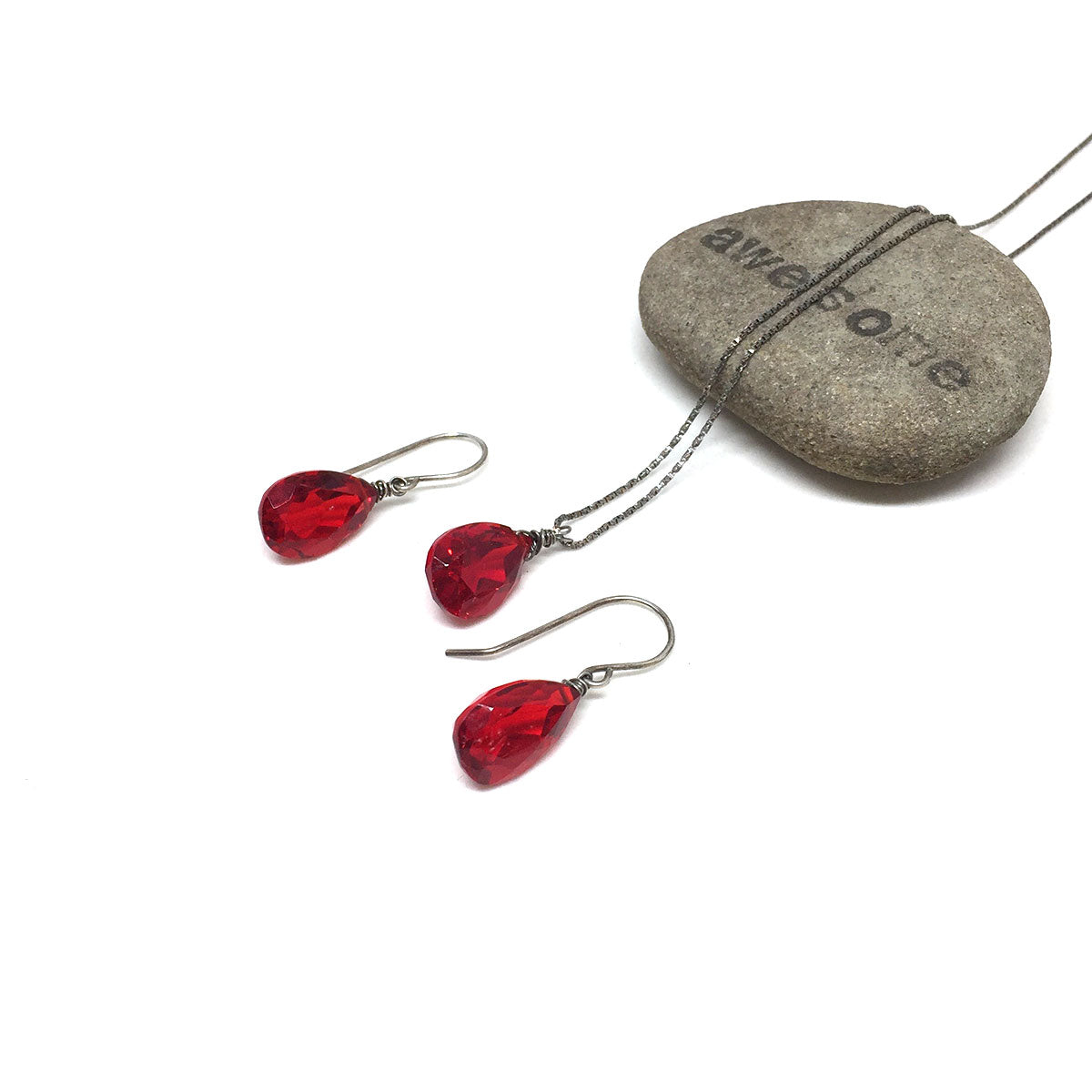 STERLING SILVER RED QUARTZ NECKLACE EARRINGS - SYNCH ME TALISMAN