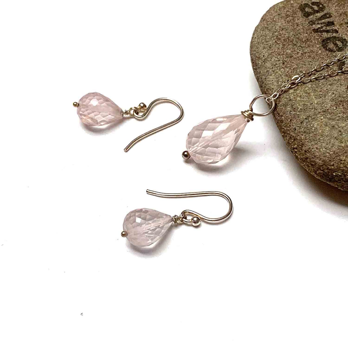 STERLING SILVER ROSE QUARTZ BRIOLETTE NECKLACE EARRINGS - OPEN YOUR HEART TALISMAN