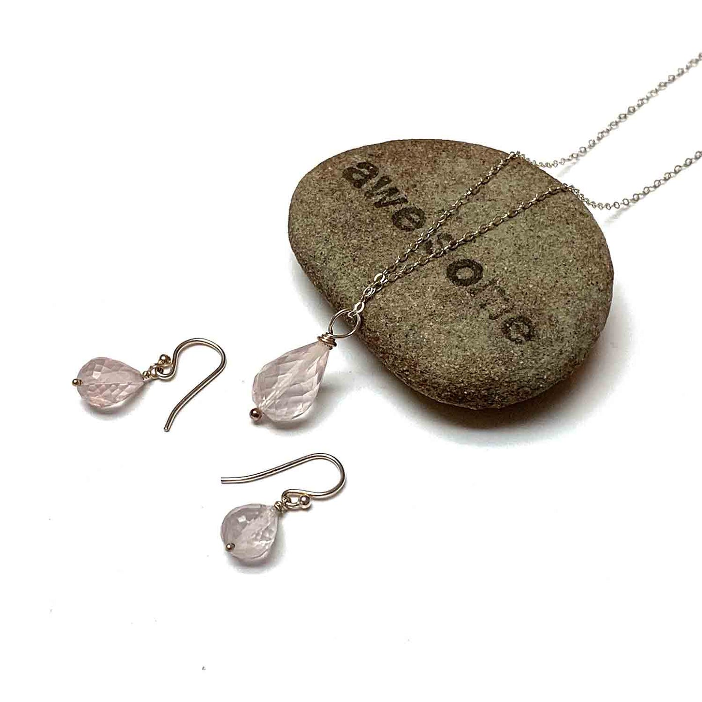 STERLING SILVER ROSE QUARTZ BRIOLETTE NECKLACE EARRINGS - OPEN YOUR HEART TALISMAN