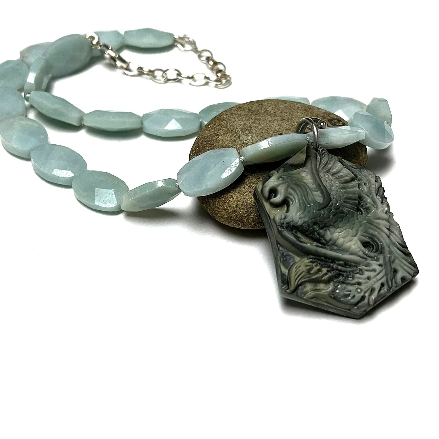 STERLING SILVER SILK KNOTTED AMAZONITE PHOENIX NECKLACE - A TALISMAN OF REBIRTH