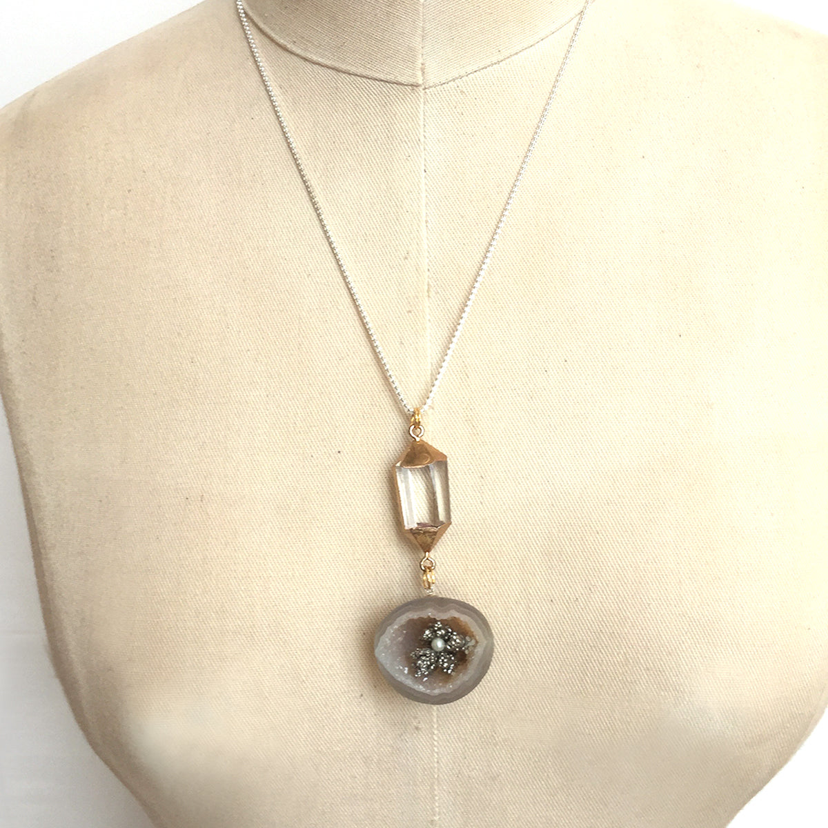 STERLING SILVER MINI THUNDER EGG GEODE WITH PEARL NECKLACE - SEED OF LOVE TALISMAN