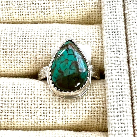 STERLING SILVER TURQUOISE TEARDROP BEZEL RING - I HEAL WITH LOVE TALISMAN