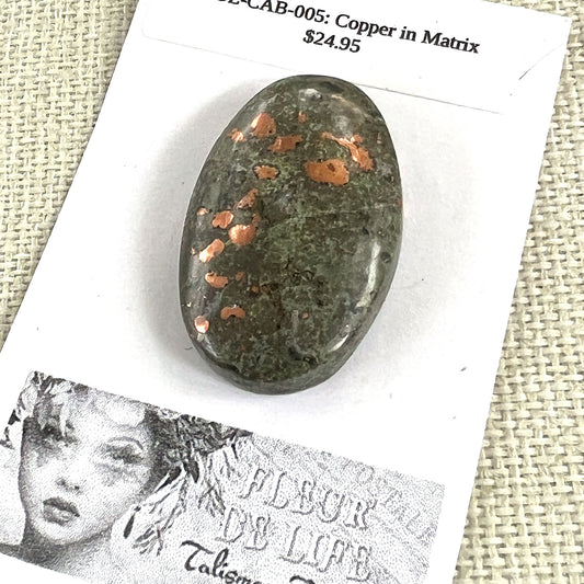 COPPER IN MATRIX OVAL CABOCHON. GREEN. COPPER. 38MM x 23MM x 9MM.