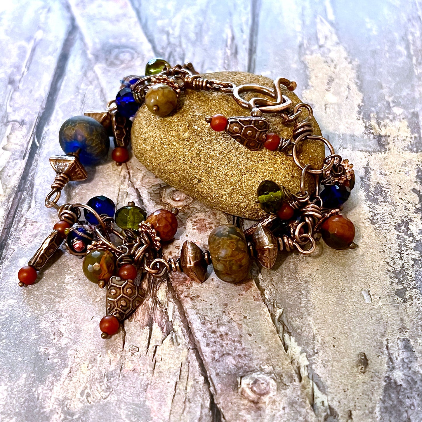 COPPER CHERRY CREEK JASPER LAMPWORK BRACELET - MOTHER EARTH TALISMAN