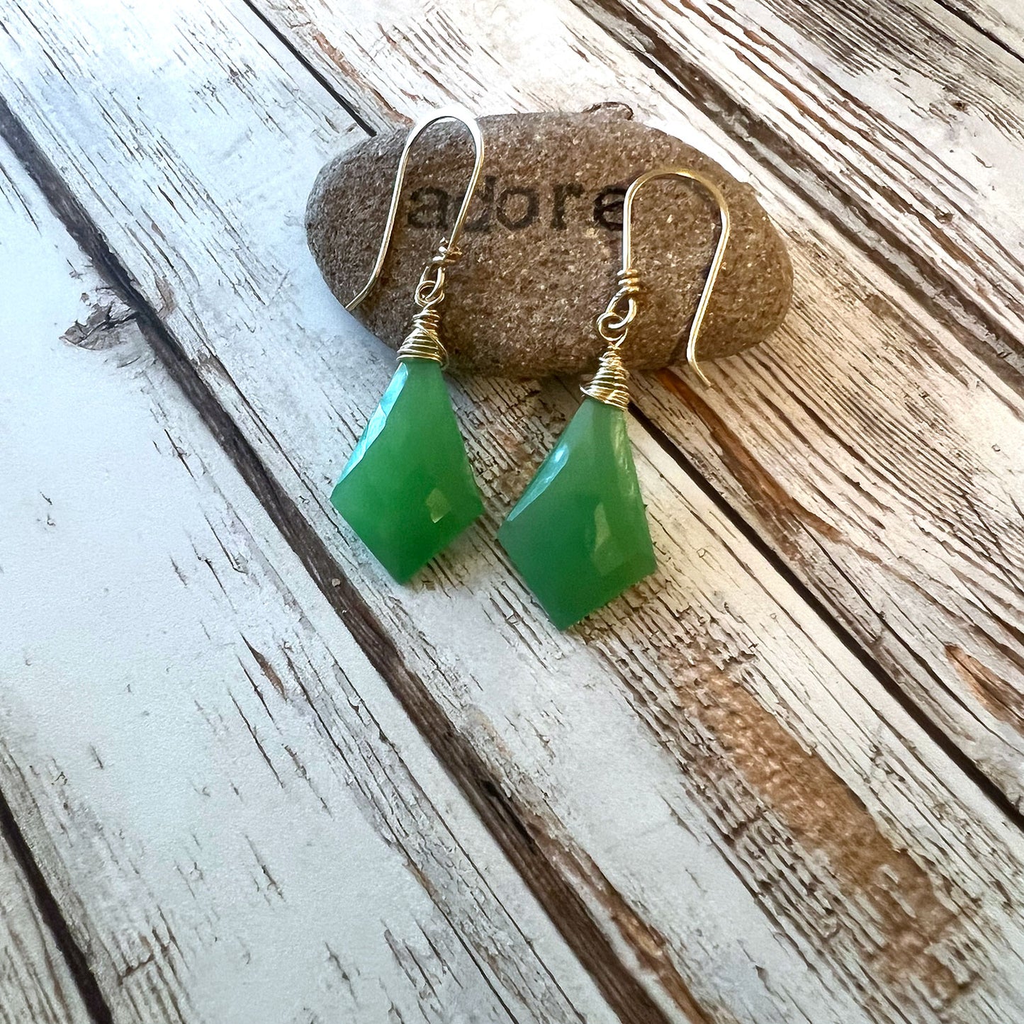 GOLD FILLED CHRYSOPRASE CHALCEDONY EARRINGS - GOOD WILL TALISMAN