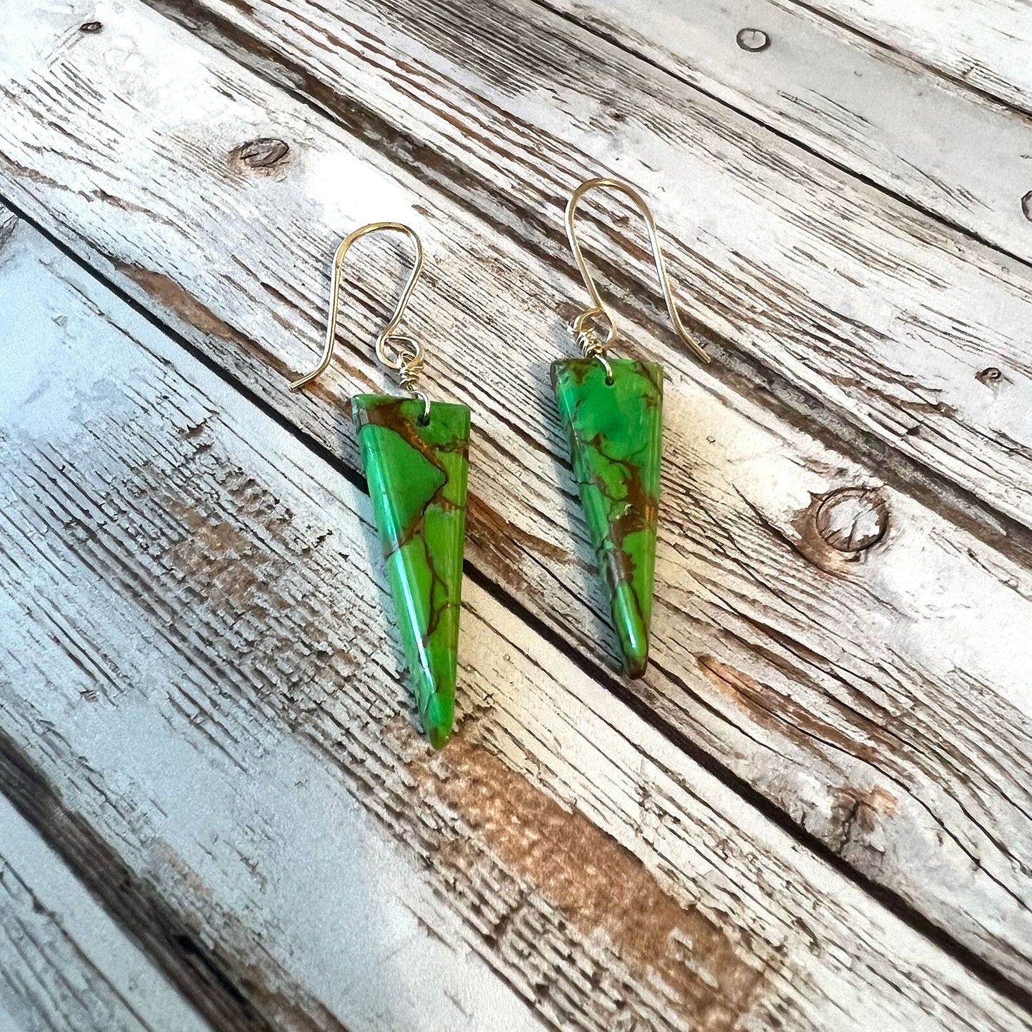 GOLD FILLED GREEN COPPER TURQUOISE EARRINGS - HEAVEN AND EARTH TALISMAN