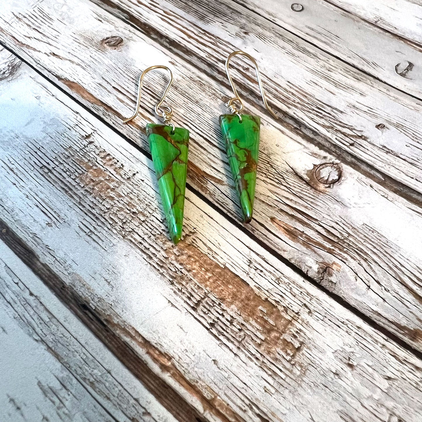 GOLD FILLED GREEN COPPER TURQUOISE EARRINGS - HEAVEN AND EARTH TALISMAN