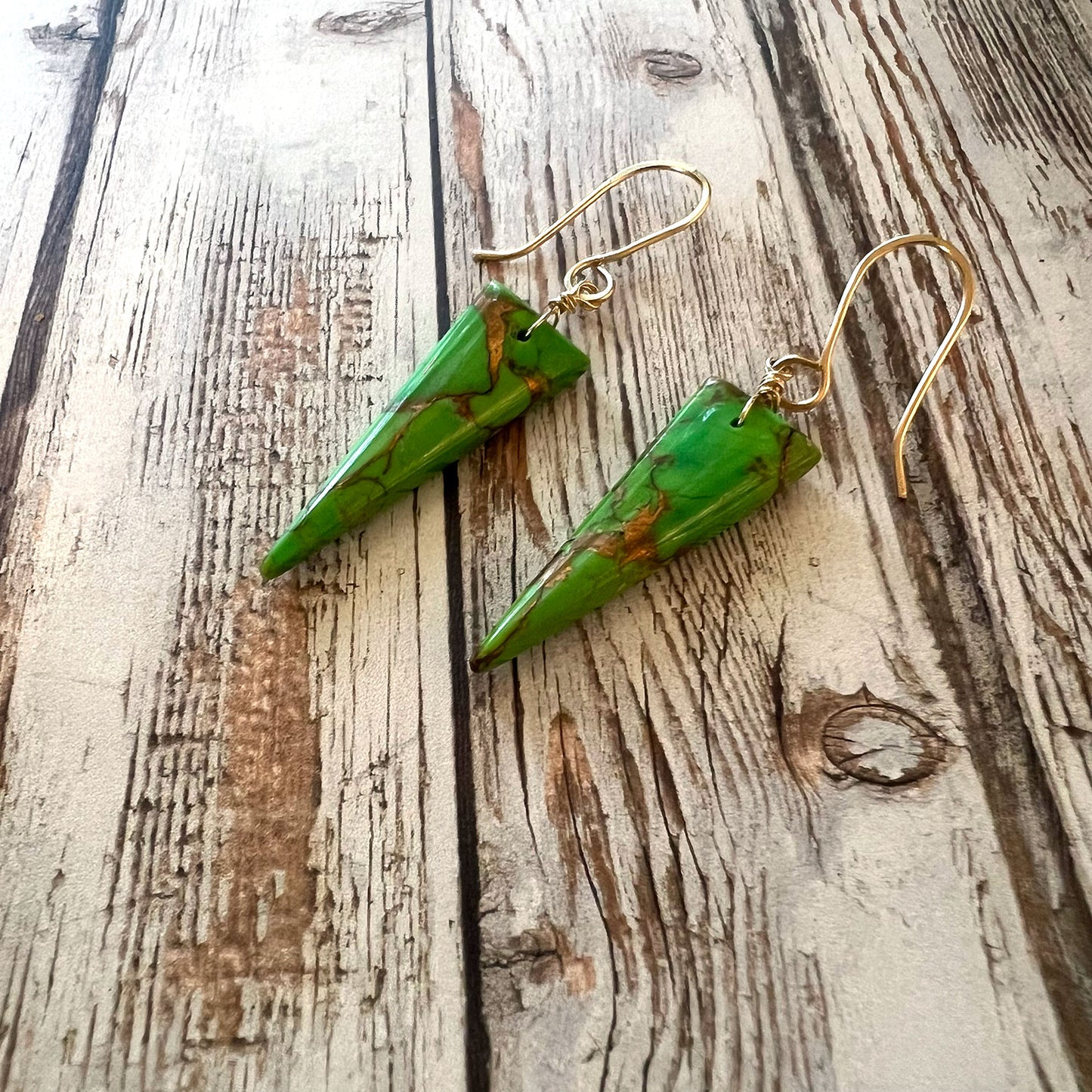 GOLD FILLED GREEN COPPER TURQUOISE EARRINGS - HEAVEN AND EARTH TALISMAN