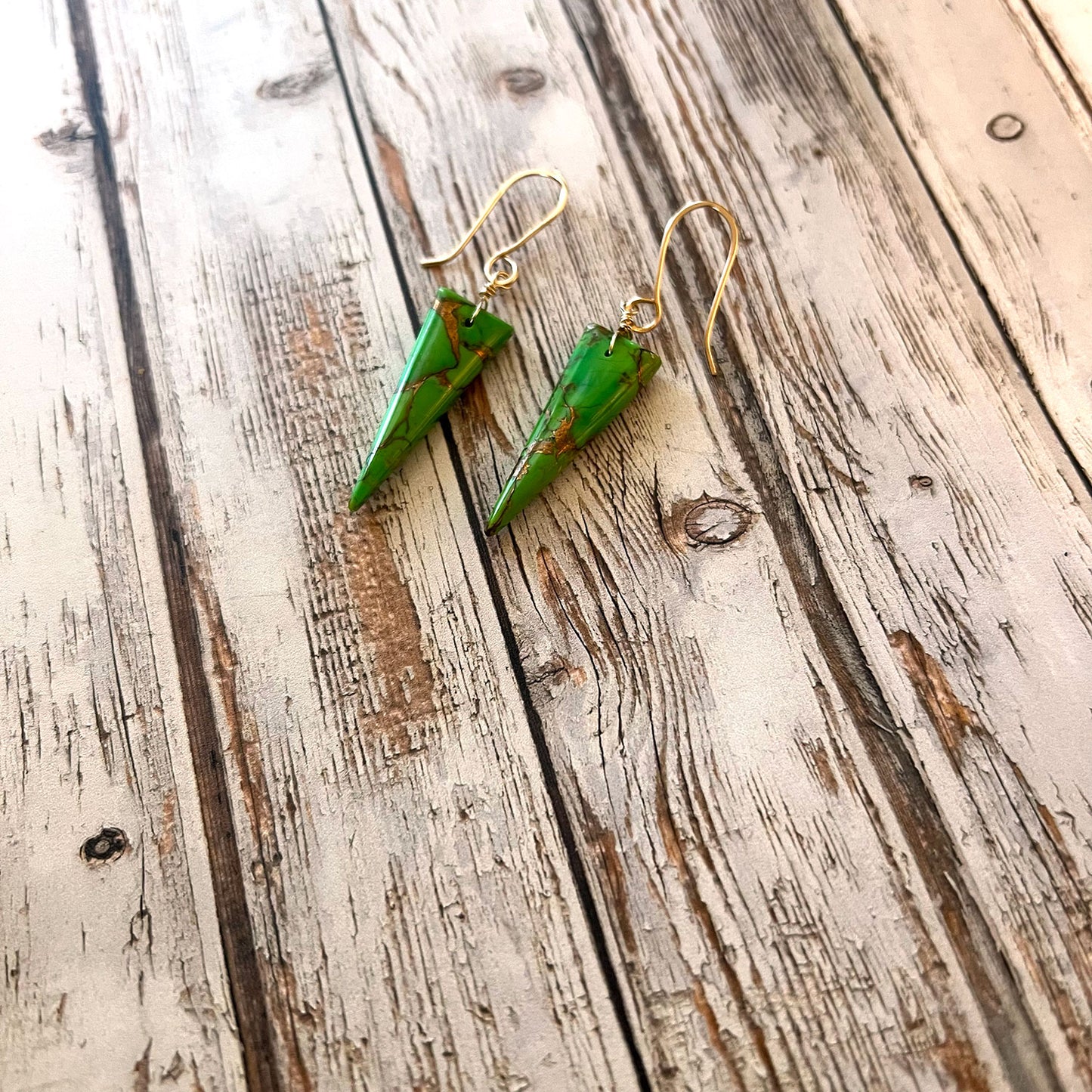 GOLD FILLED GREEN COPPER TURQUOISE EARRINGS - HEAVEN AND EARTH TALISMAN