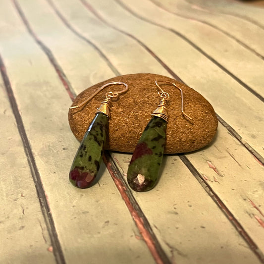 GOLD FILLED RUBY ZOISITE ALMOND EARRINGS - EMPATHY TALISMAN