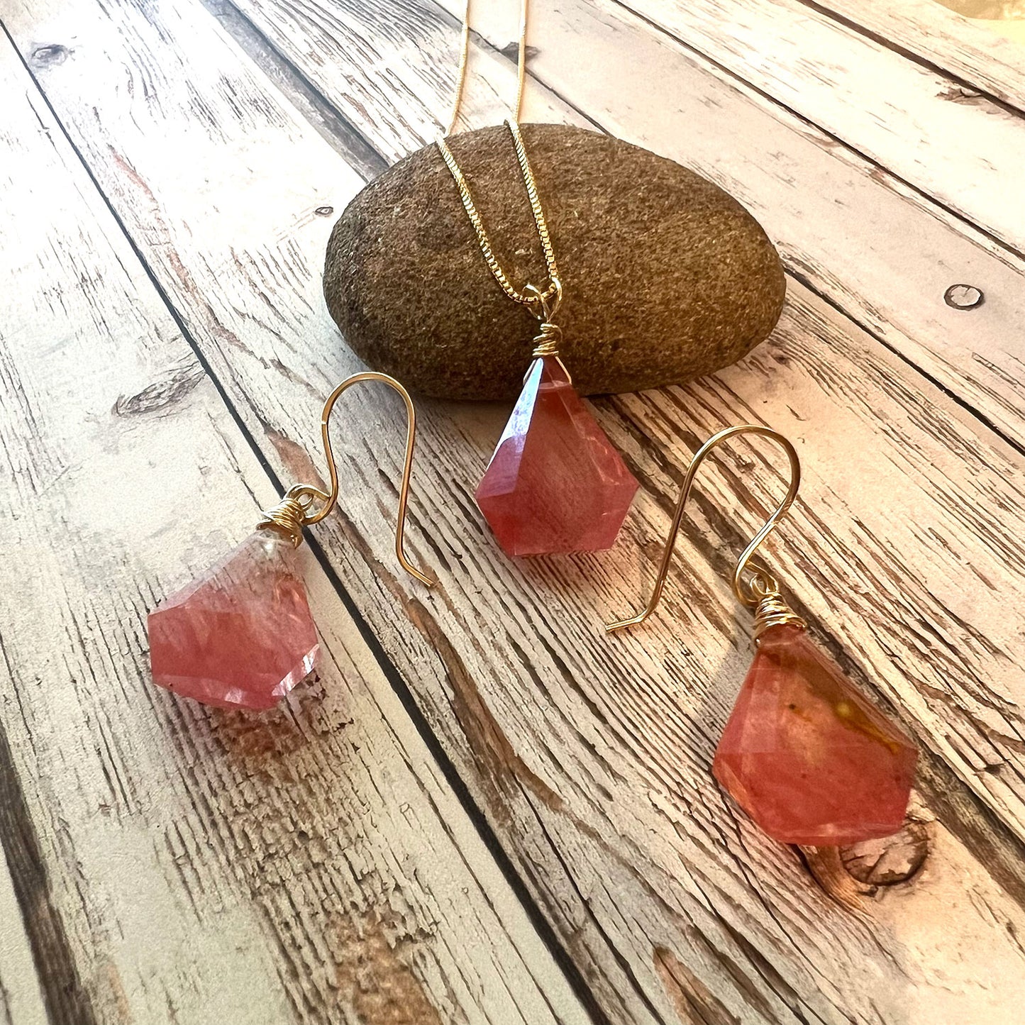 GOLD FILLED RUTILATED CHERRY QUARTZ NECKLACE EARRINGS - A SYNCH ME TALISMAN