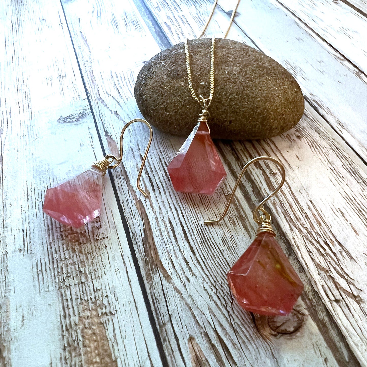 GOLD FILLED RUTILATED CHERRY QUARTZ NECKLACE EARRINGS - A SYNCH ME TALISMAN