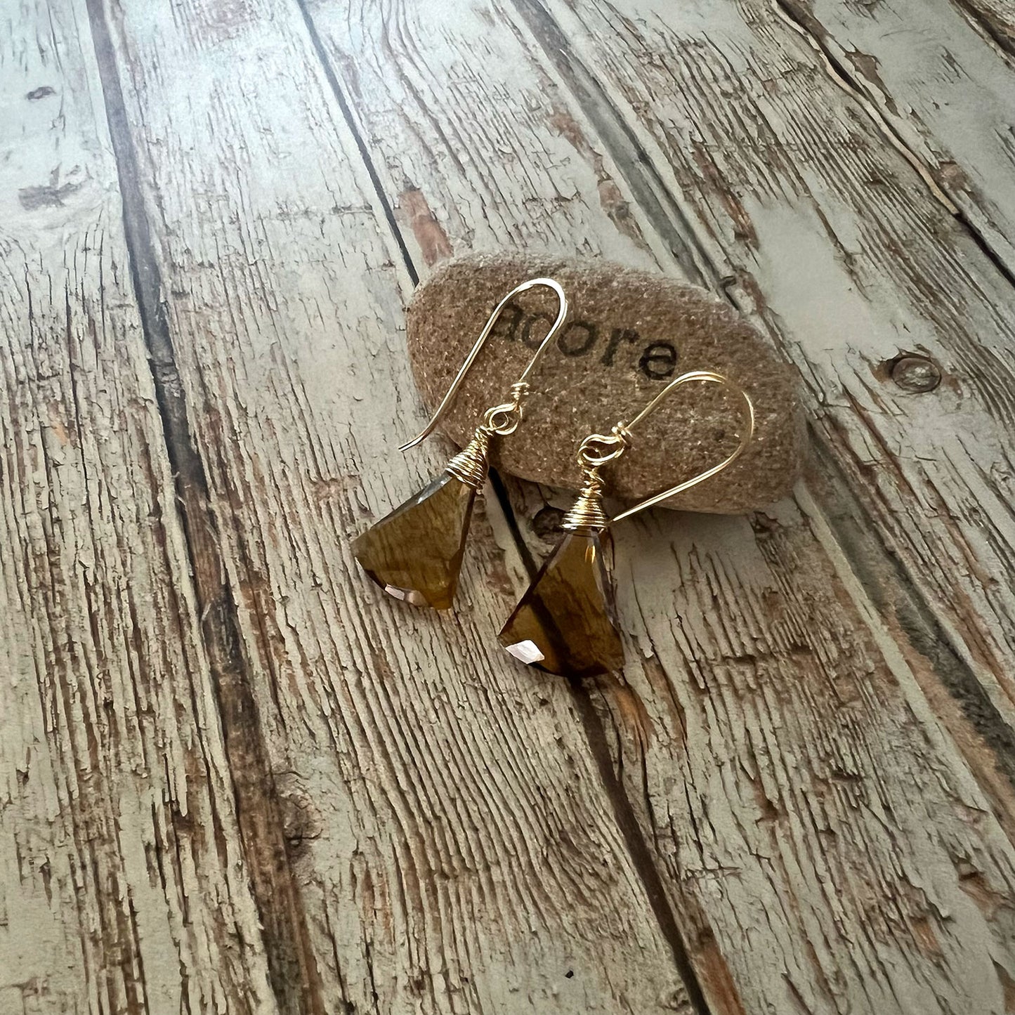 GOLD FILLED WHISKEY QUARTZ EARRINGS - SYNCH ME TALISMAN
